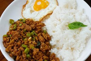 Spicy Thai favourite Stir-Fry Basil Pork with Rice & Egg recipe