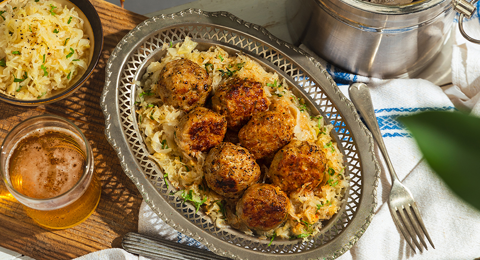German meatballs that are browned to perfection and smothered in a creamy gravy sauce