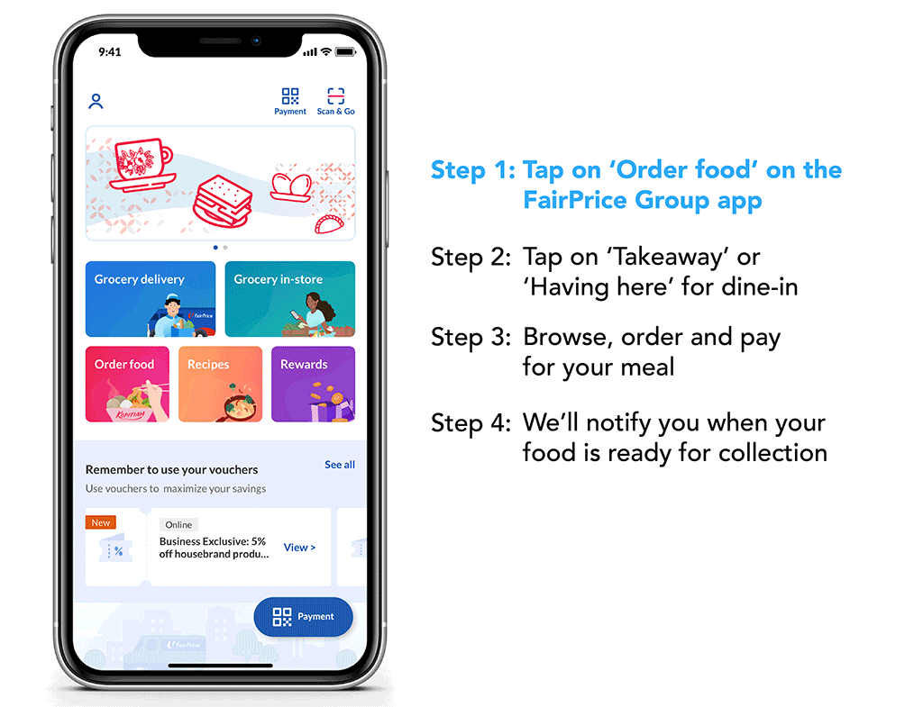 Use the FairPrice Group App to order, pay and collect your meal Kopitiam outlets