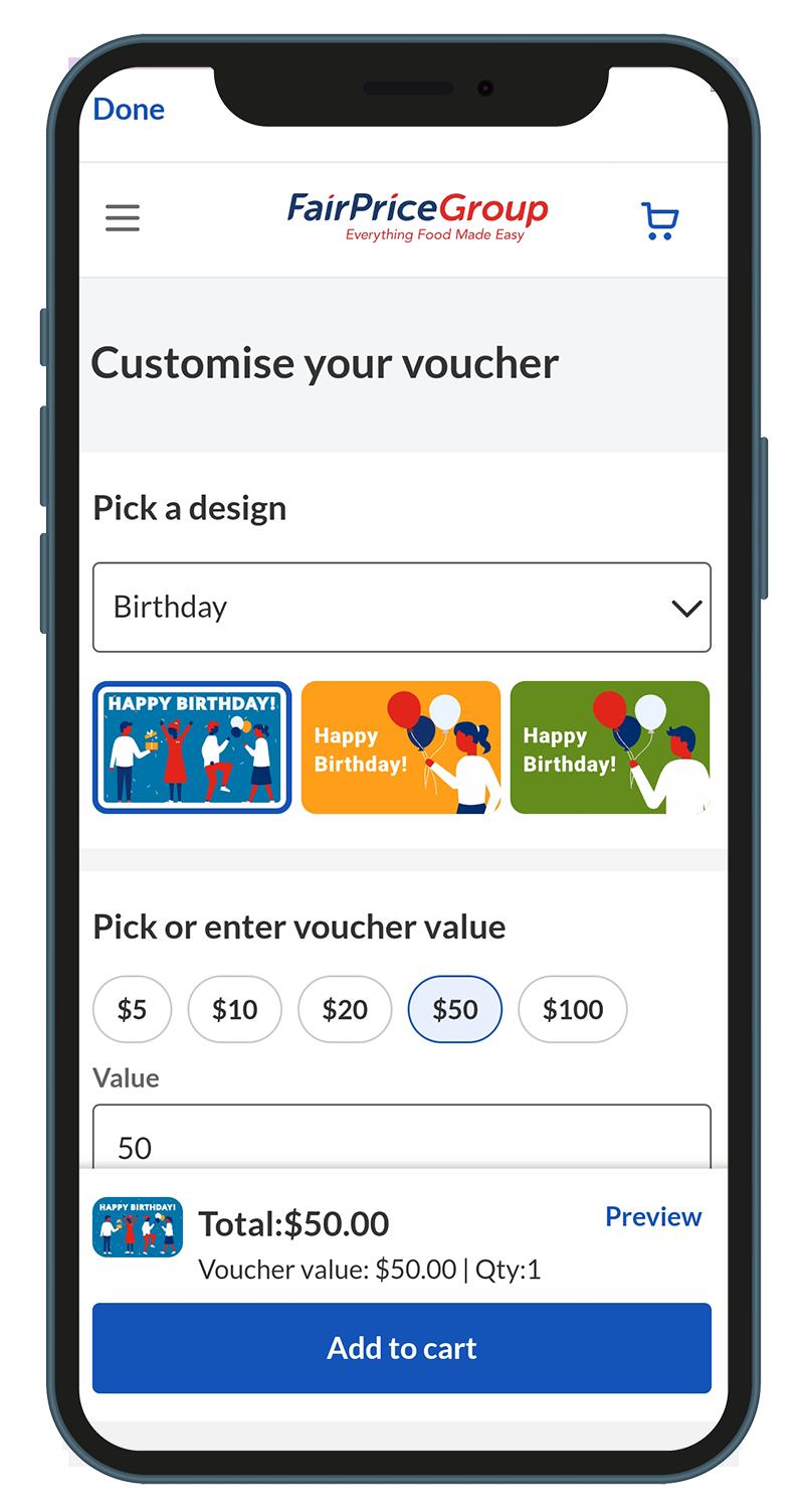 Select design, voucher value, personalised message & delivery mode for FairPrice Group E-Gift Voucher