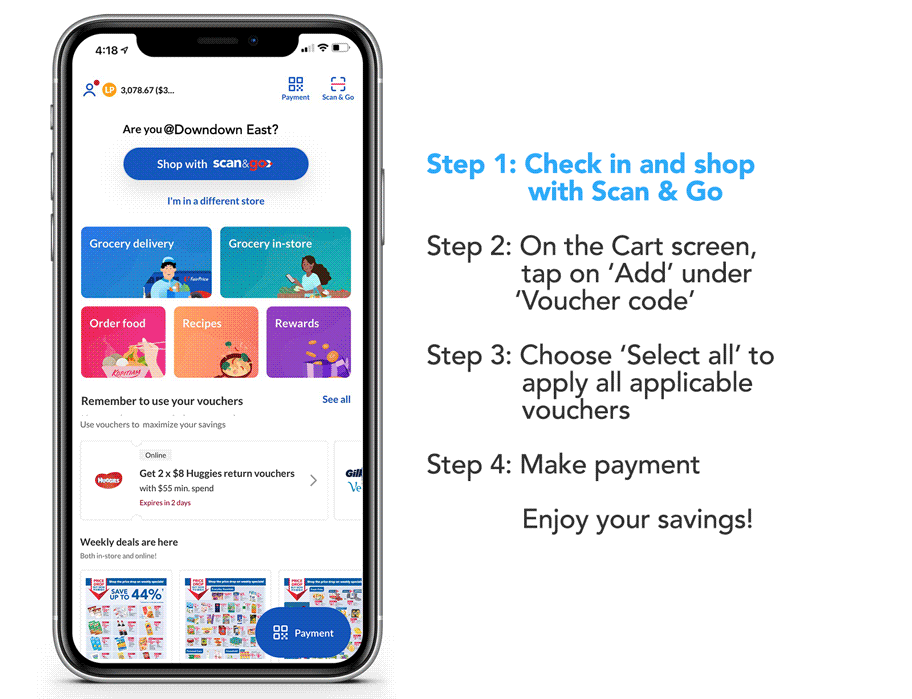 How to apply Save Every Day vouchers when you pay via Scan & Go when you use the FairPrice Group app