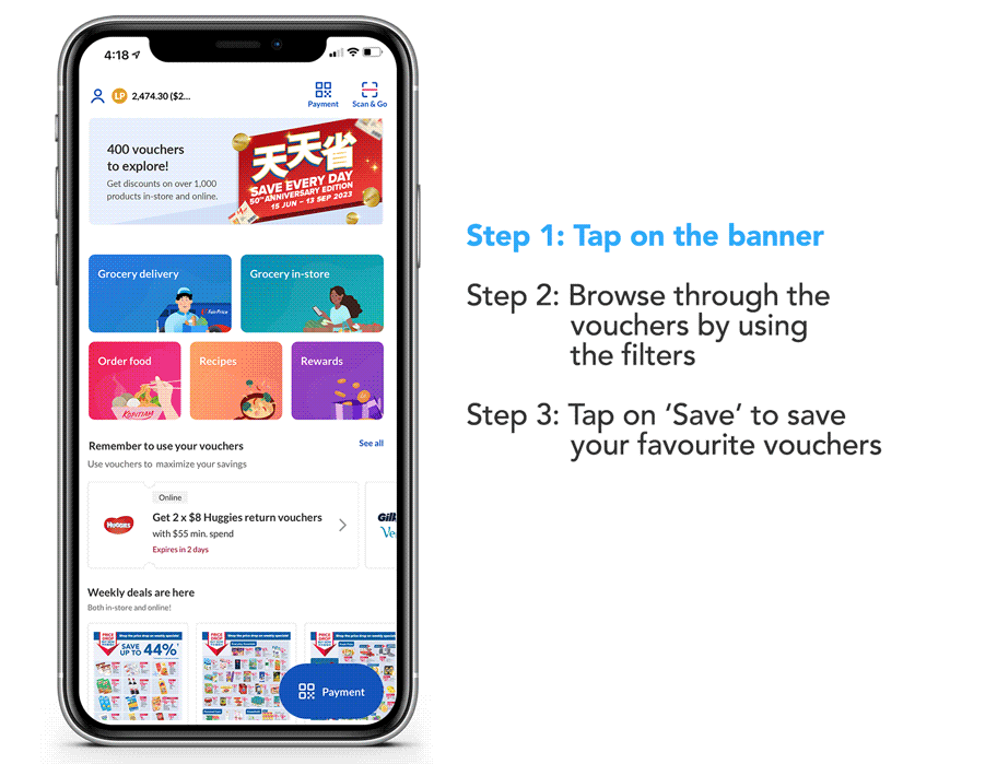 How to save 'Save Every Day' vouchers on the FairPrice Group app