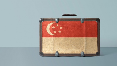 The Singapore flag on the face of an old vintage leather suitcase