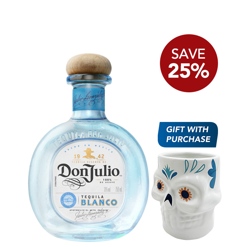 A bottle of Don Julio Tequila Blanco with a Don Julio Skull Mug